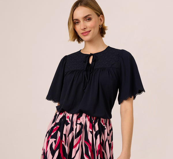 adrianna papell Short Sleeve Neck Tie Embroidered Yoke Top In Blue Moon