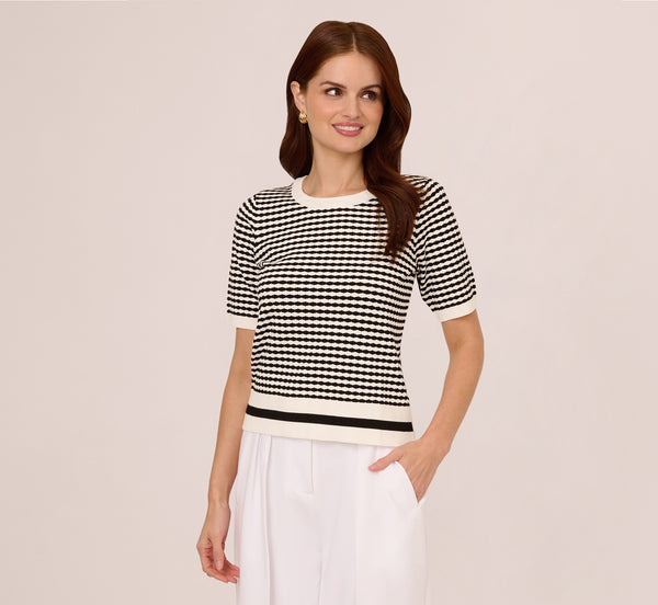 Adrianna Papell Short Sleeve Optic Pattern Knit Sweater In Ivory Black