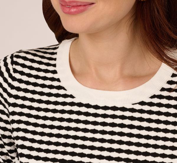 Adrianna Papell Short Sleeve Optic Pattern Knit Sweater In Ivory Black