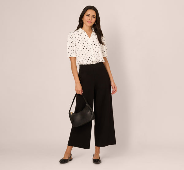 Adrianna Papell Short Sleeve Printed Button Front Blouse In Ivory Black Timeless Dot