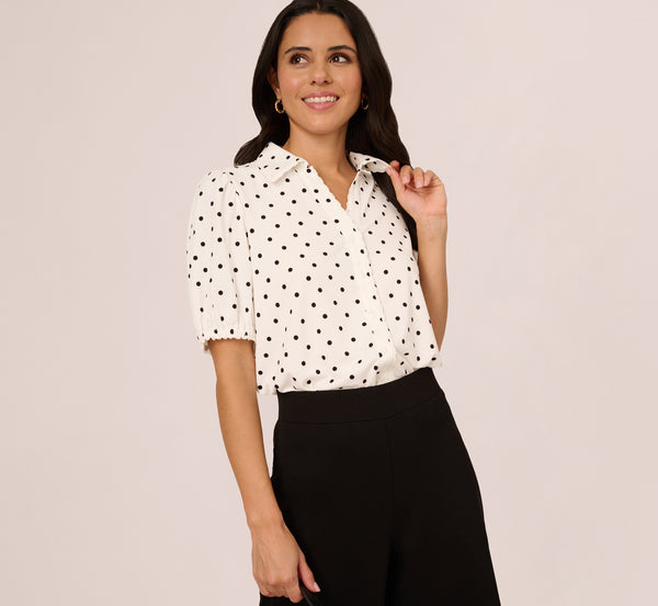 adrianna papell Short Sleeve Printed Button Front Blouse In Ivory Black Timeless Dot