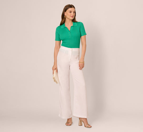 Adrianna Papell Short Sleeve Ribbed Pointelle Polo Top In Simply Green
