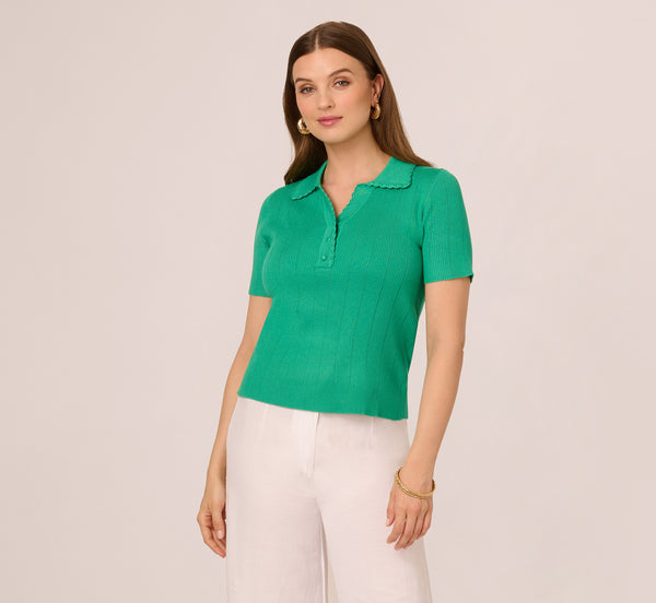 Adrianna Papell Short Sleeve Ribbed Pointelle Polo Top In Simply Green