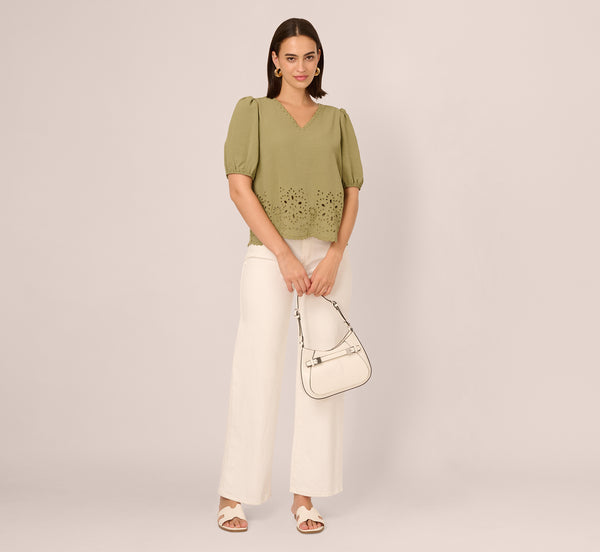 Adrianna Papell Short Sleeve Scalloped Eyelet Top In Oil Green