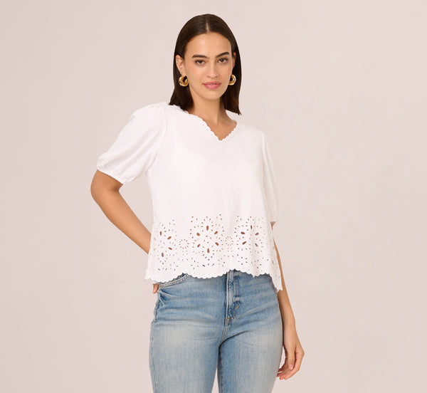 Adrianna Papell Short Sleeve Scalloped Eyelet Top In White