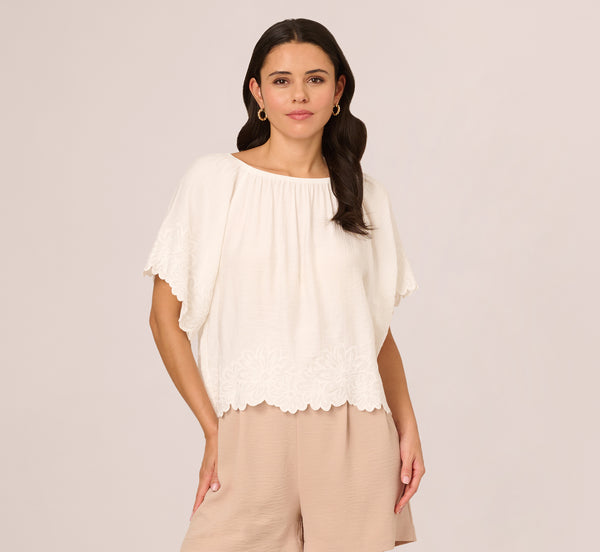 Adrianna Papell Short Sleeve Semisheer Scalloped Embroidery Top In Ivory