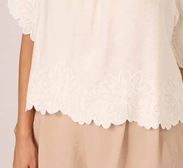 Adrianna Papell Short Sleeve Semisheer Scalloped Embroidery Top In Ivory
