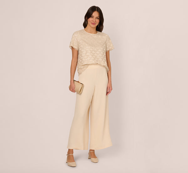 Adrianna Papell Short Sleeve Sequin Overlay Top In Pale Taupe