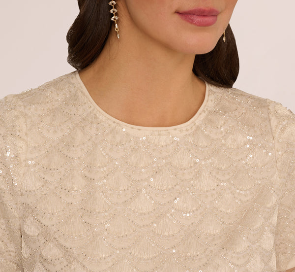 Adrianna Papell Short Sleeve Sequin Overlay Top In Pale Taupe