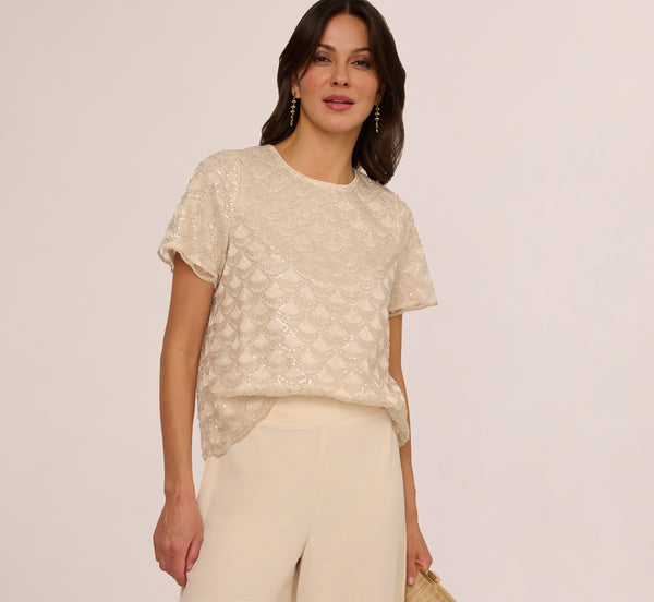 adrianna papell Short Sleeve Sequin Overlay Top In Pale Taupe
