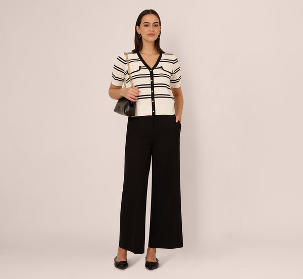Adrianna Papell Short Sleeve Textured Striped Cardigan In Ivory Black