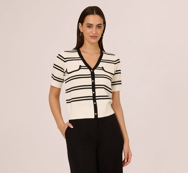 Adrianna Papell Short Sleeve Textured Striped Cardigan In Ivory Black