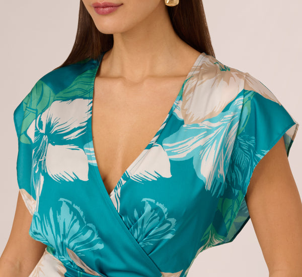 Adrianna Papell Short Sleeve Tropical Floral Short Wrap Dress In Blue Multi