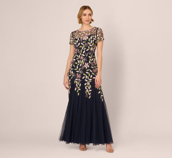 Adrianna Papell Short Sleeve Vine Beaded Godet Gown In Navy Multi