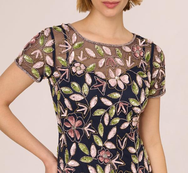 Adrianna Papell Short Sleeve Vine Beaded Godet Gown In Navy Multi