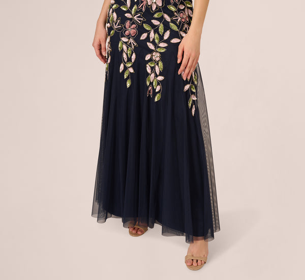 Adrianna Papell Short Sleeve Vine Beaded Godet Gown In Navy Multi