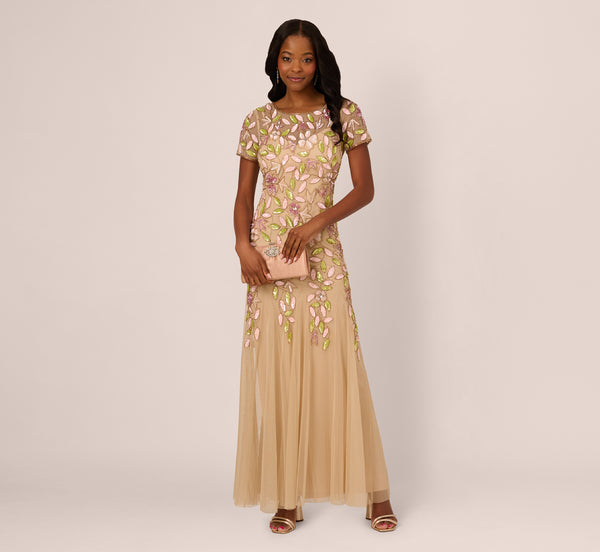 Adrianna Papell Short Sleeve Vine Beaded Godet Gown In Nude Multi