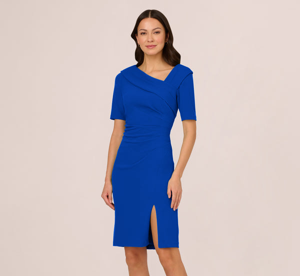 Adrianna Papell Short Sleeves Sheath Dress With Asymmetrical Neckline In Violet Cobalt