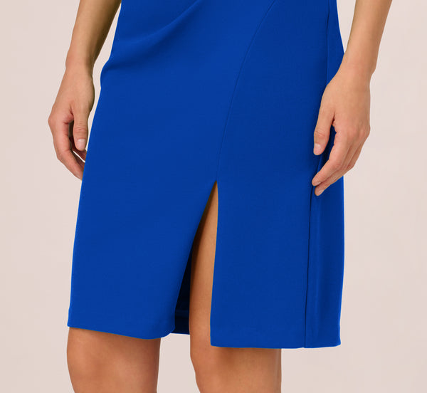 Adrianna Papell Short Sleeves Sheath Dress With Asymmetrical Neckline In Violet Cobalt
