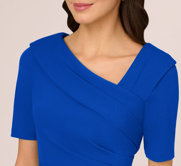 Adrianna Papell Short Sleeves Sheath Dress With Asymmetrical Neckline In Violet Cobalt