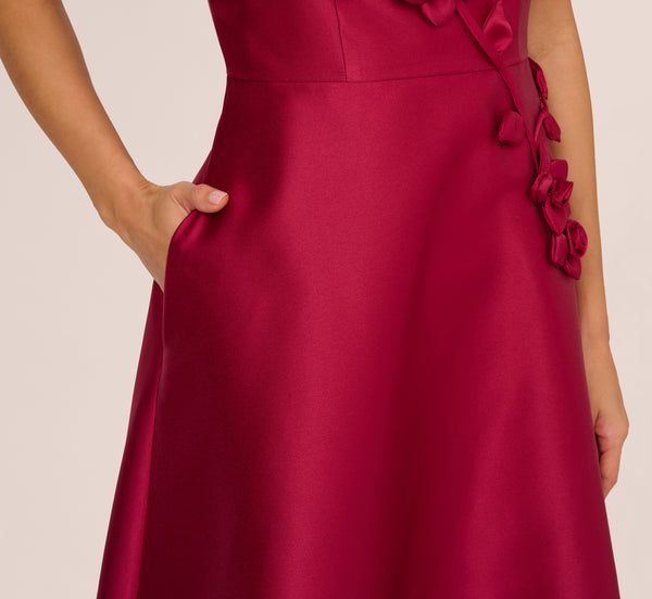 Adrianna Papell Sleeveless 3D Flower Mikado Midi Dress In Red Plum