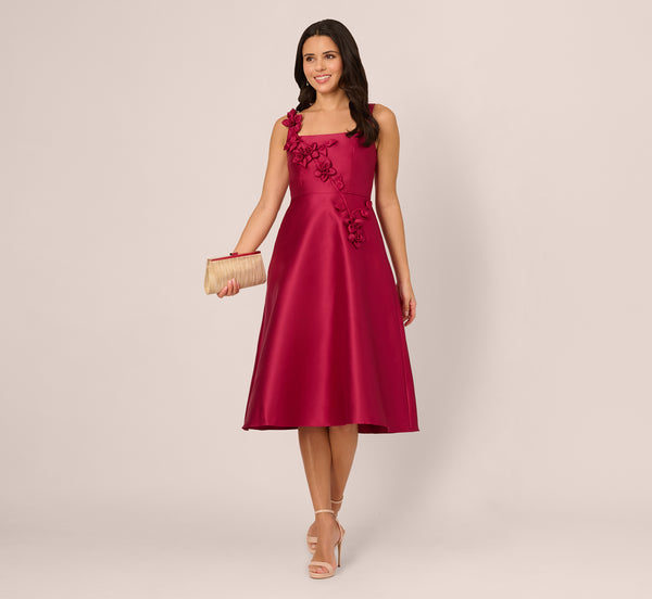 adrianna papell Sleeveless 3D Flower Mikado Midi Dress In Red Plum