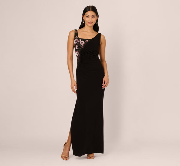 Adrianna Papell Sleeveless Asymmetrical Floral Beaded Jersey Gown In Black Multi
