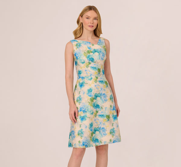 Adrianna Papell Sleeveless Asymmetrical Floral Jacquard Midi Dress In Ivory Blue Multi