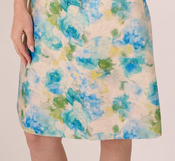 Adrianna Papell Sleeveless Asymmetrical Floral Jacquard Midi Dress In Ivory Blue Multi