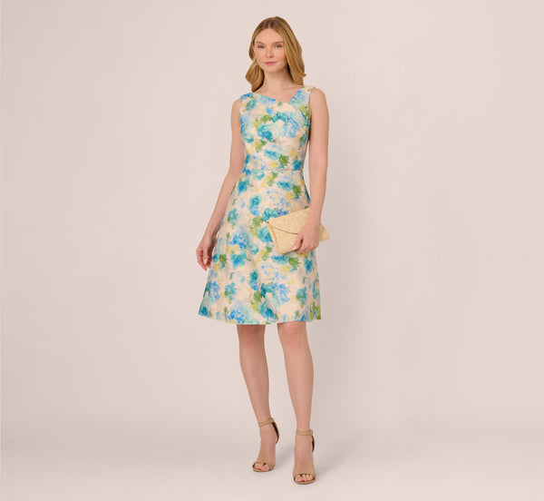 adrianna papell Sleeveless Asymmetrical Floral Jacquard Midi Dress In Ivory Blue Multi