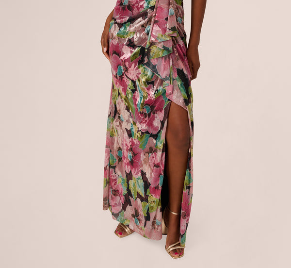 Adrianna Papell Sleeveless Asymmetrical Metallic Floral Gown In Navy Pink Multi