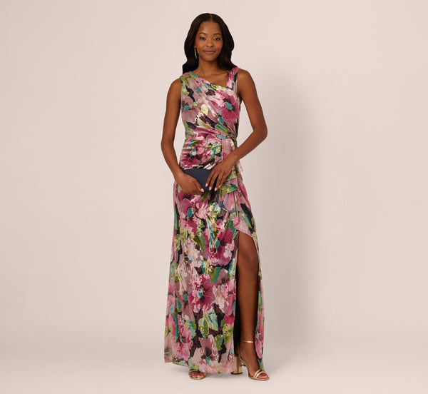 adrianna papell Sleeveless Asymmetrical Metallic Floral Gown In Navy Pink Multi