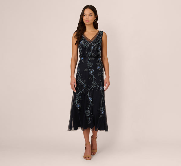 Adrianna Papell Sleeveless Beaded Blouson Midi Dress In Midnight Multi