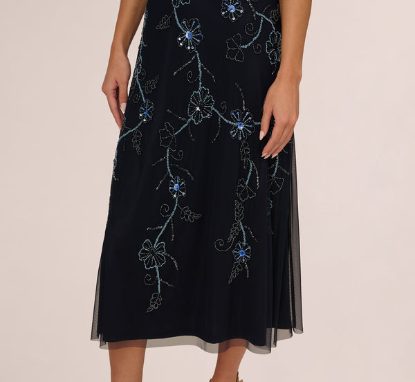 Adrianna Papell Sleeveless Beaded Blouson Midi Dress In Midnight Multi