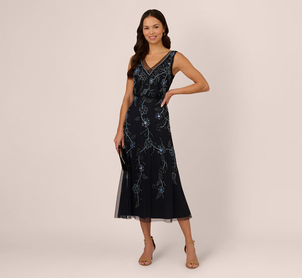 adrianna papell Sleeveless Beaded Blouson Midi Dress In Midnight Multi