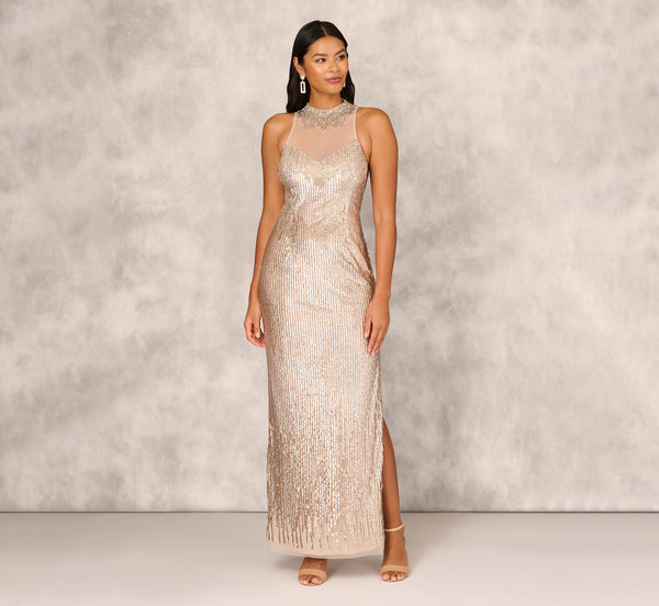 Adrianna Papell Sleeveless Beaded Column Gown With Illusion Neckline In Champagne