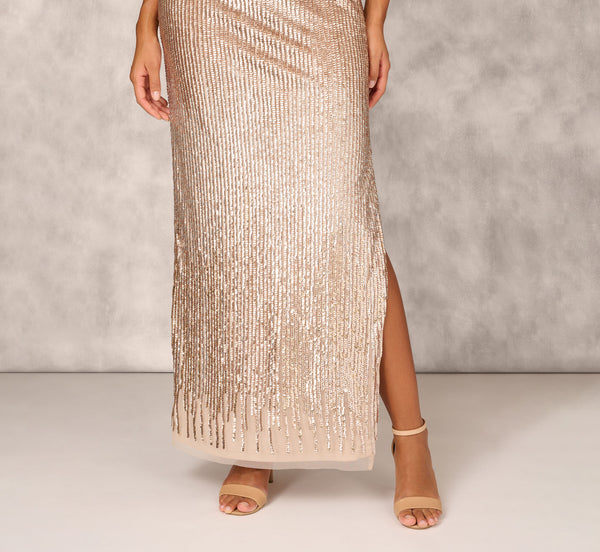 Adrianna Papell Sleeveless Beaded Column Gown With Illusion Neckline In Champagne