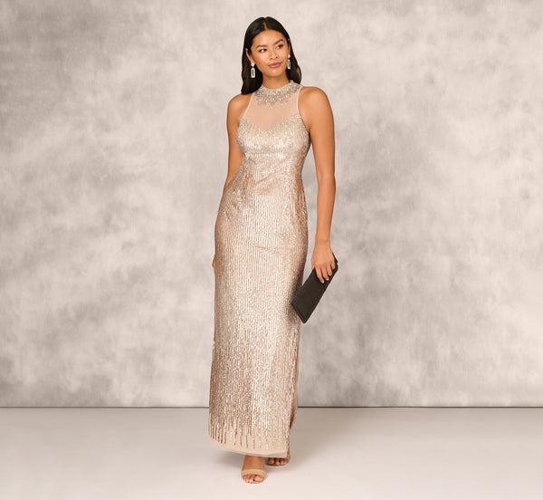 adrianna papell Sleeveless Beaded Column Gown With Illusion Neckline In Champagne