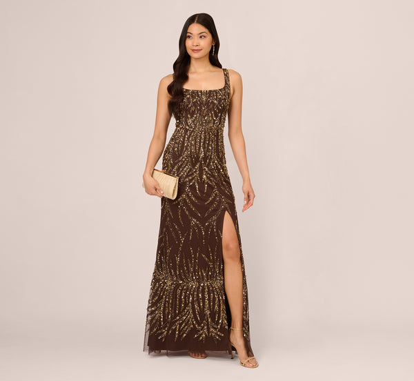 Adrianna Papell Sleeveless Beaded Mermaid Gown With Square Neckline In Chocolate