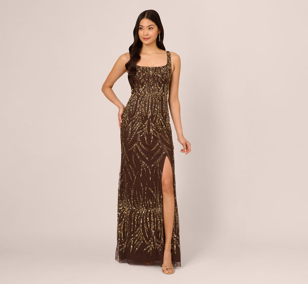 Adrianna Papell Sleeveless Beaded Mermaid Gown With Square Neckline In Chocolate