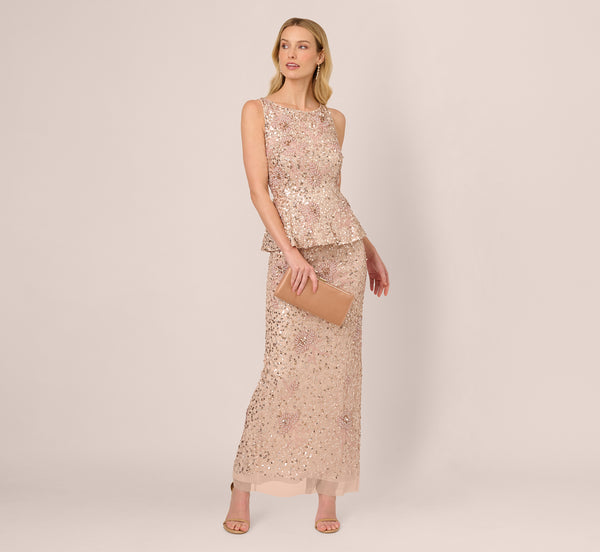 Adrianna Papell Sleeveless Beaded Peplum Dress In Shell