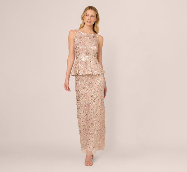 Adrianna Papell Sleeveless Beaded Peplum Dress In Shell