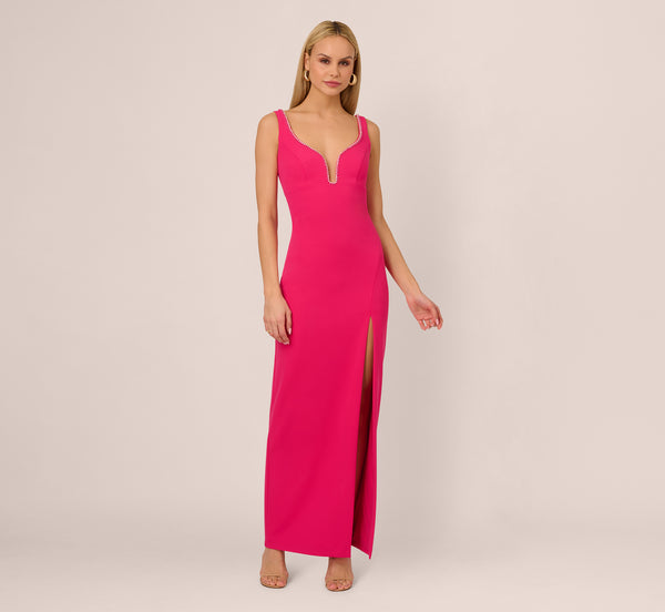 Adrianna Papell Sleeveless Beaded Plunge Neck Gown In Geranium
