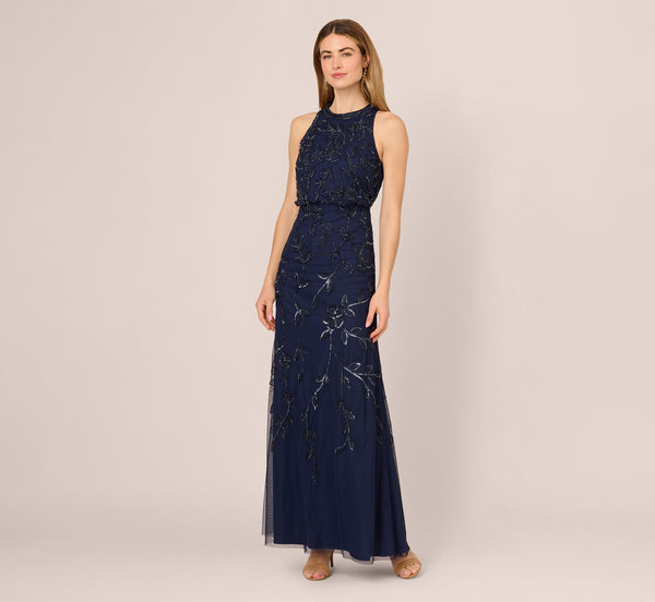Adrianna Papell Sleeveless Blouson Mermaid Gown With Jasmine Beading In Light Navy
