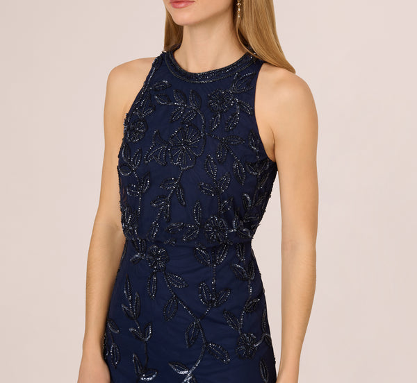 Adrianna Papell Sleeveless Blouson Mermaid Gown With Jasmine Beading In Light Navy