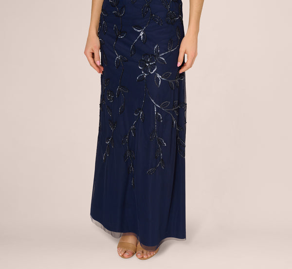 Adrianna Papell Sleeveless Blouson Mermaid Gown With Jasmine Beading In Light Navy