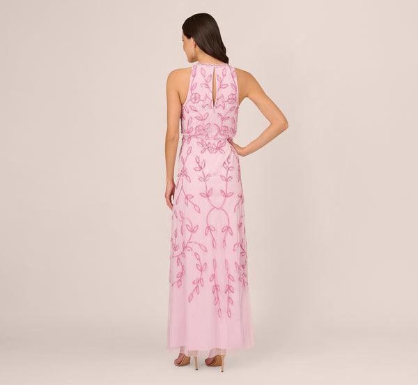 Adrianna Papell Sleeveless Blouson Mermaid Gown With Jasmine Beading In Pink Lace