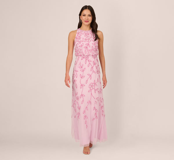 adrianna papell Sleeveless Blouson Mermaid Gown With Jasmine Beading In Pink Lace