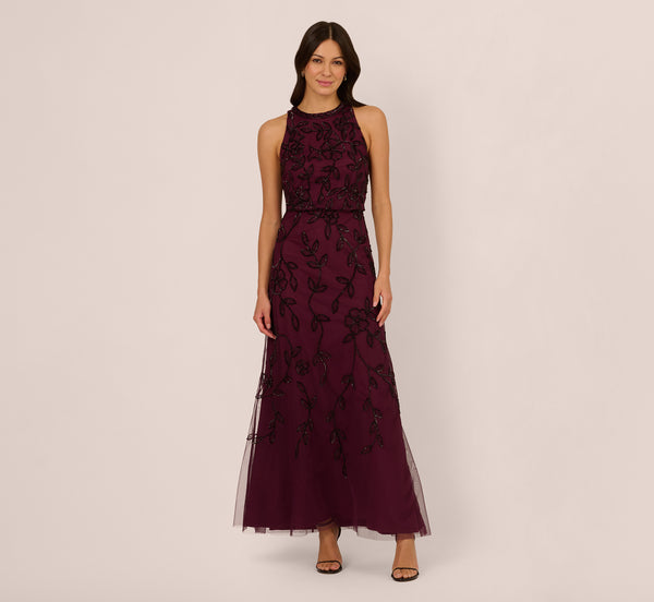 Adrianna Papell Sleeveless Blouson Mermaid Gown With Jasmine Beading In Cassis