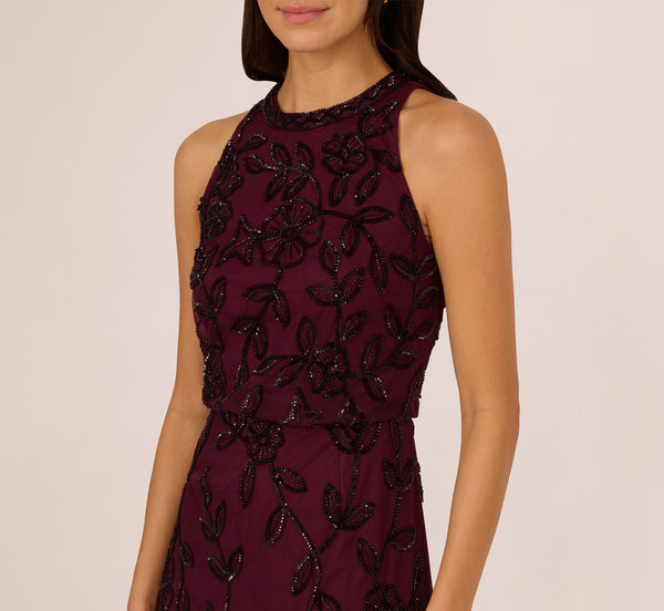 Adrianna Papell Sleeveless Blouson Mermaid Gown With Jasmine Beading In Cassis